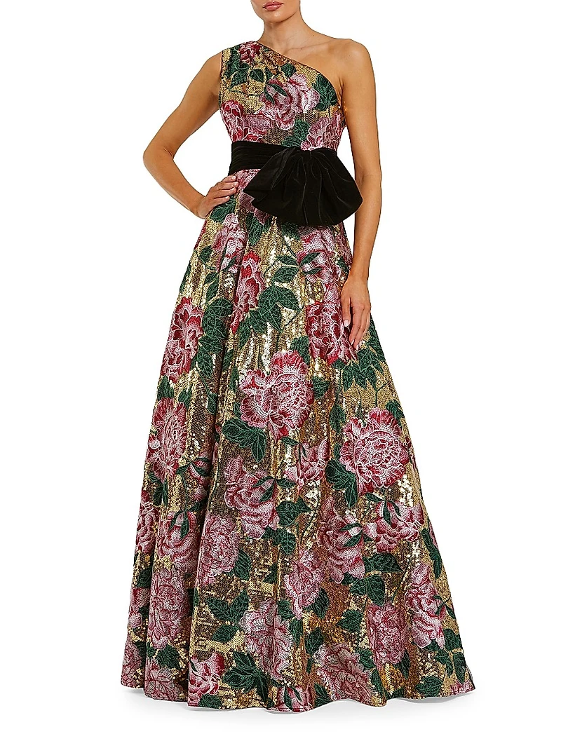 Velvet Bow One-Shoulder Sequin Ballgown