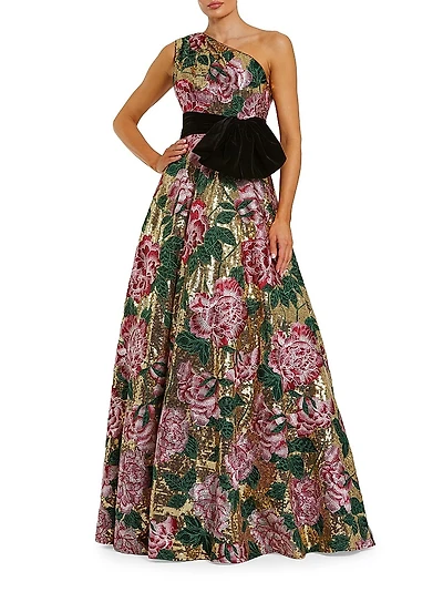 Velvet Bow One-Shoulder Sequin Ballgown