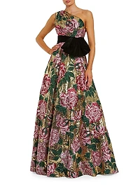 Velvet Bow One-Shoulder Sequin Ballgown