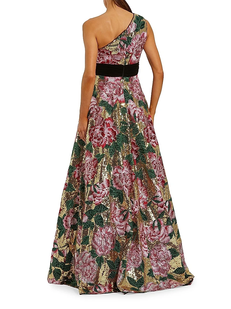 Velvet Bow One-Shoulder Sequin Ballgown