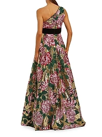 Velvet Bow One-Shoulder Sequin Ballgown