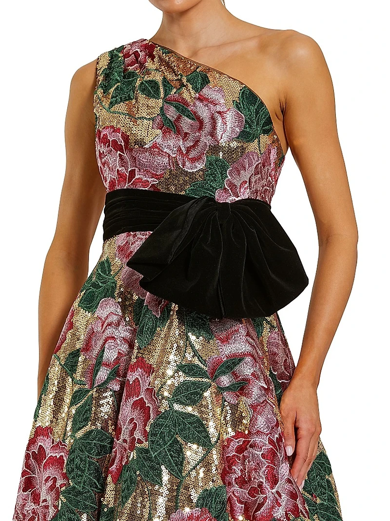 Velvet Bow One-Shoulder Sequin Ballgown