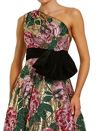 Velvet Bow One-Shoulder Sequin Ballgown