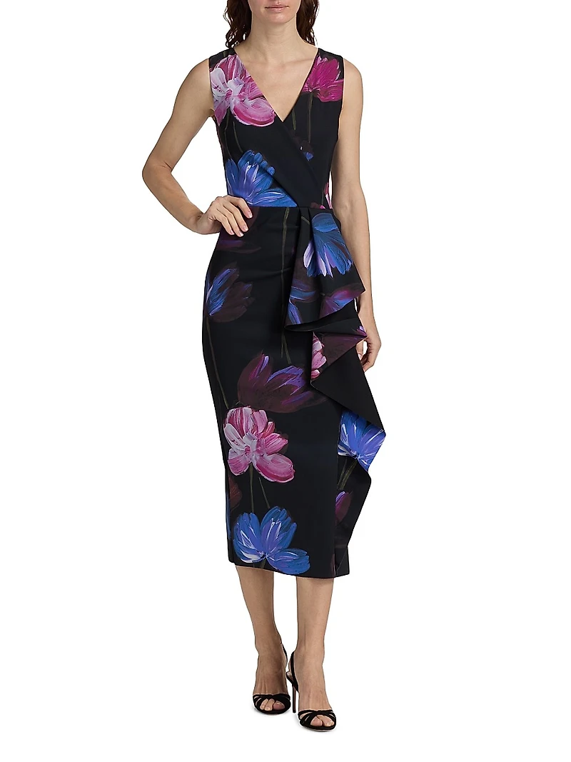 Sayon Floral Drape Sheath Cocktail Dress