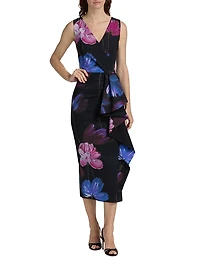 Sayon Floral Drape Sheath Cocktail Dress