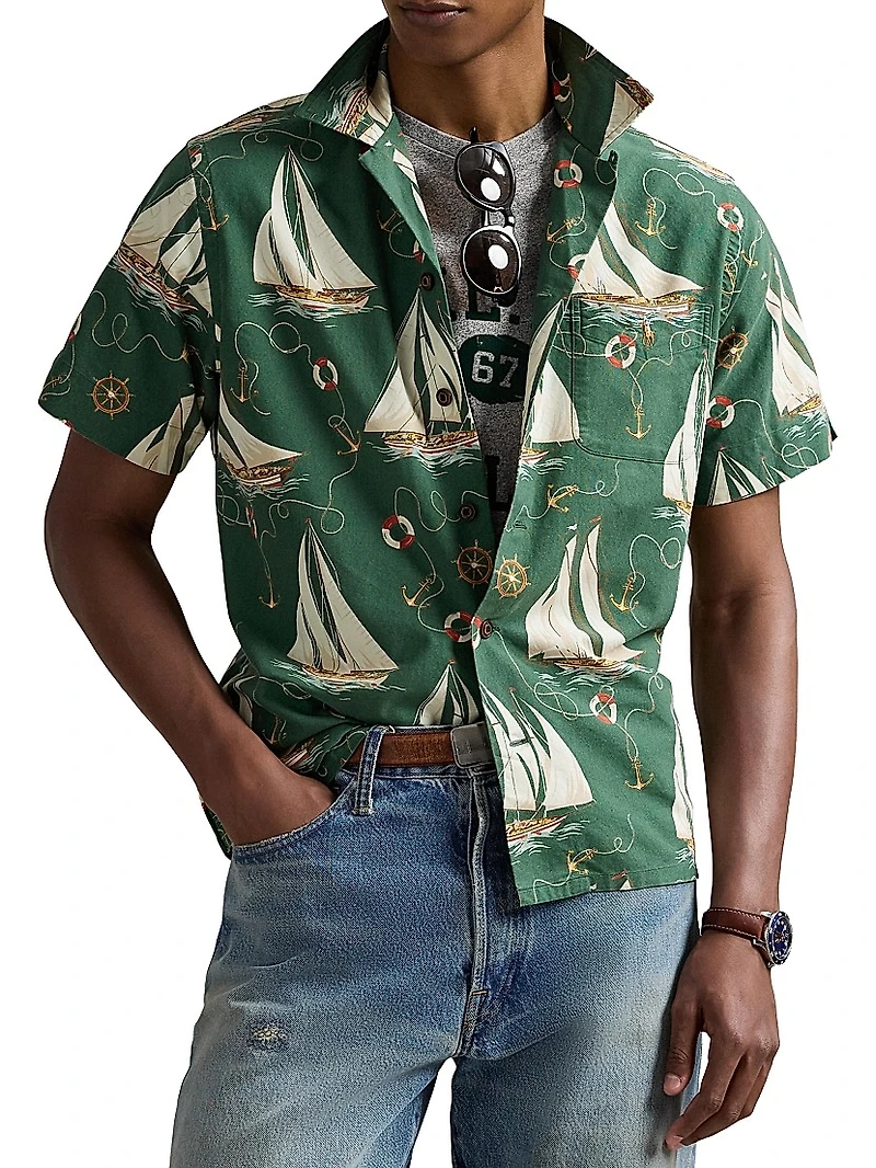 Classic Fit Sailboat Cotton Camp Shirt