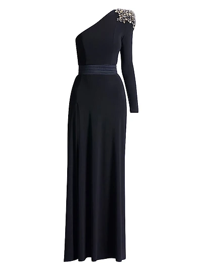 Lustris Crystal-Embellished Satin One-Shoulder Gown