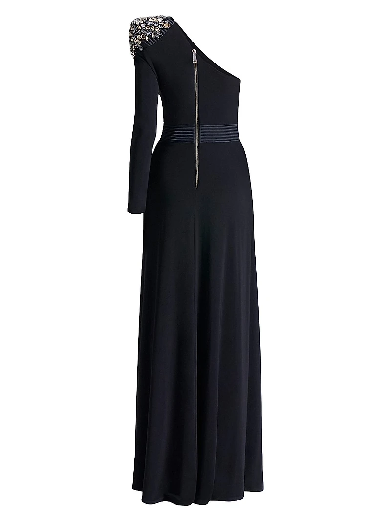 Lustris Crystal-Embellished Satin One-Shoulder Gown