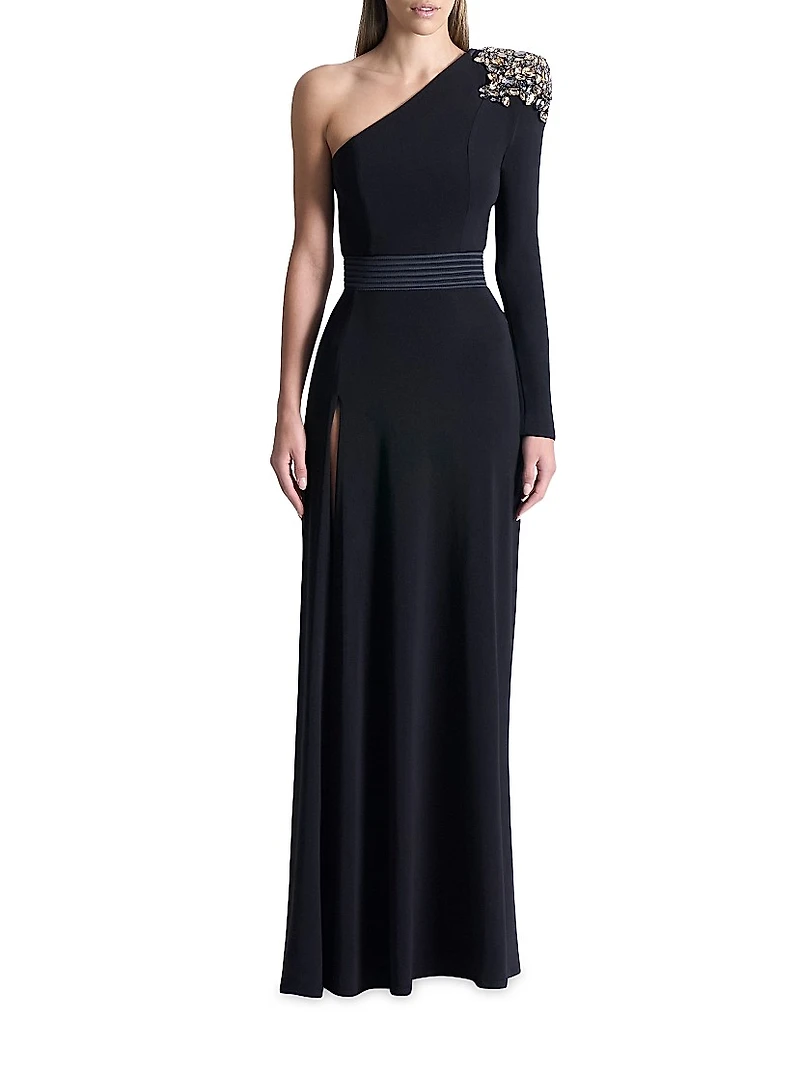 Lustris Crystal-Embellished Satin One-Shoulder Gown