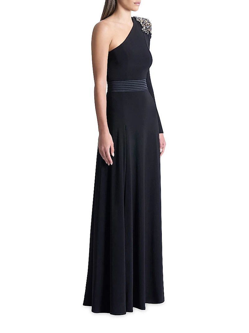 Lustris Crystal-Embellished Satin One-Shoulder Gown