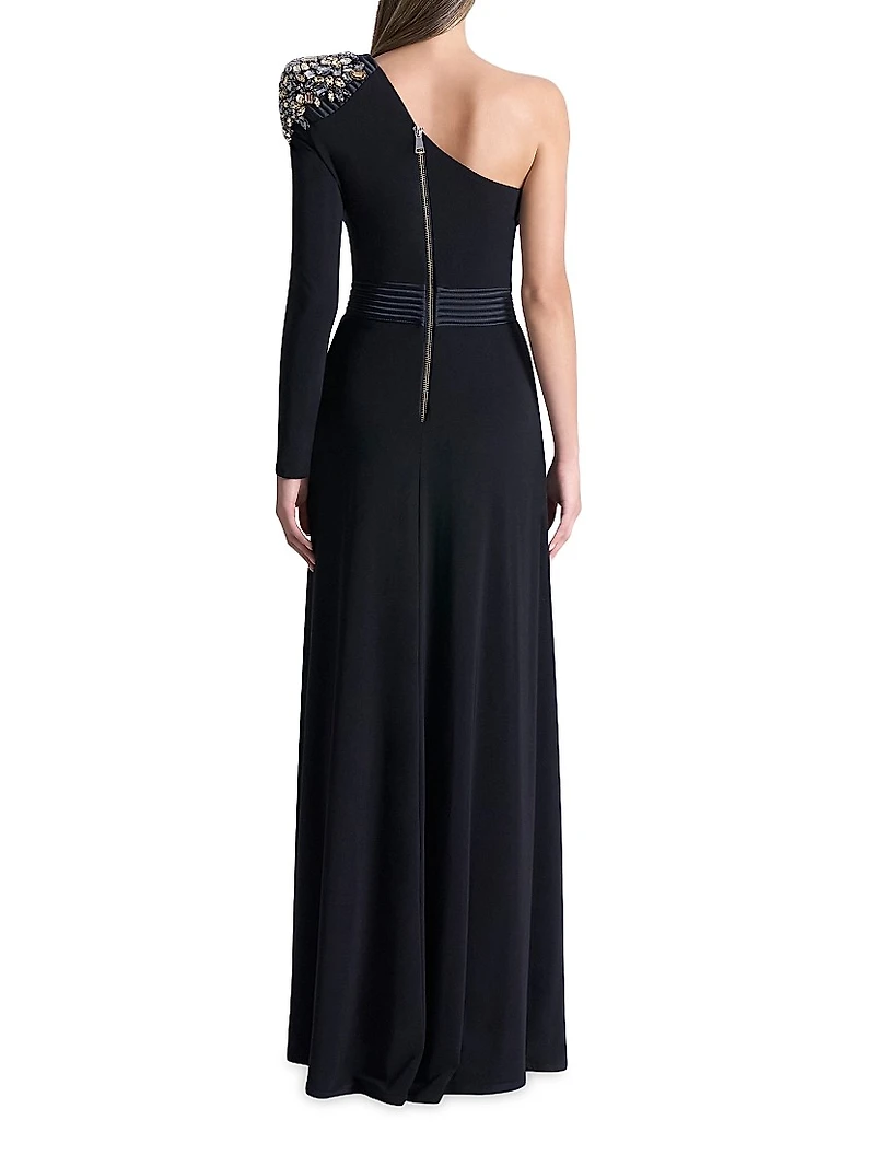 Lustris Crystal-Embellished Satin One-Shoulder Gown