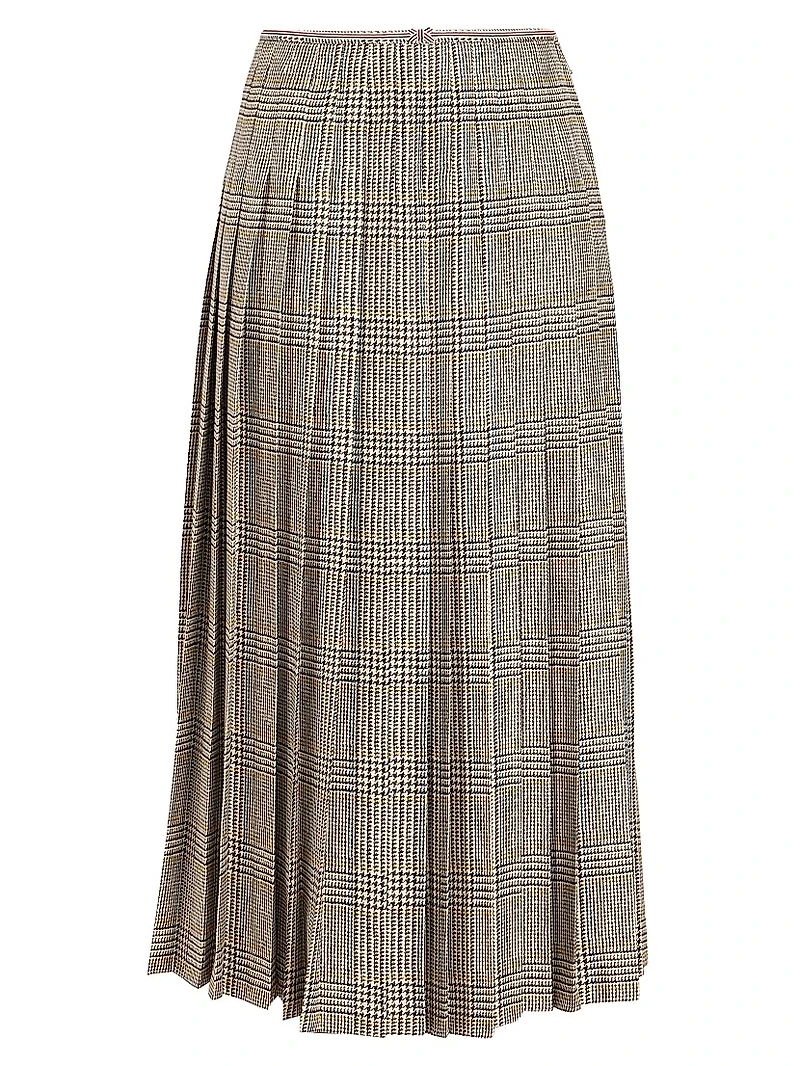 Pleated Plaid Silk Midi-Skirt