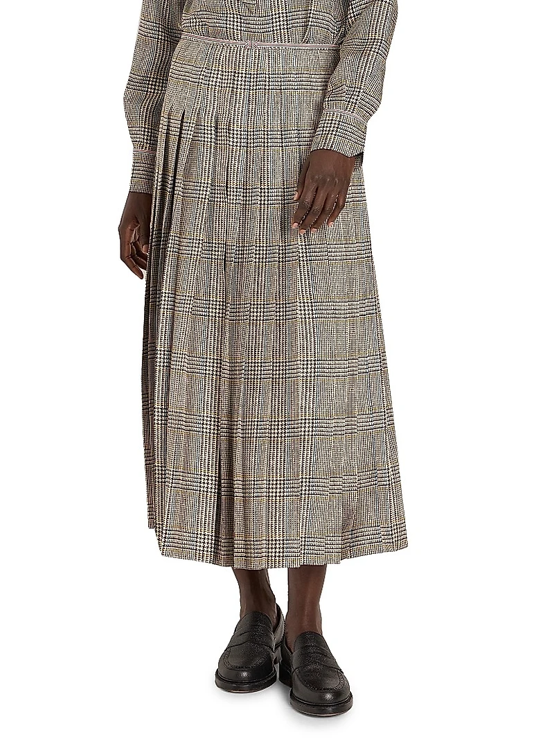 Pleated Plaid Silk Midi-Skirt