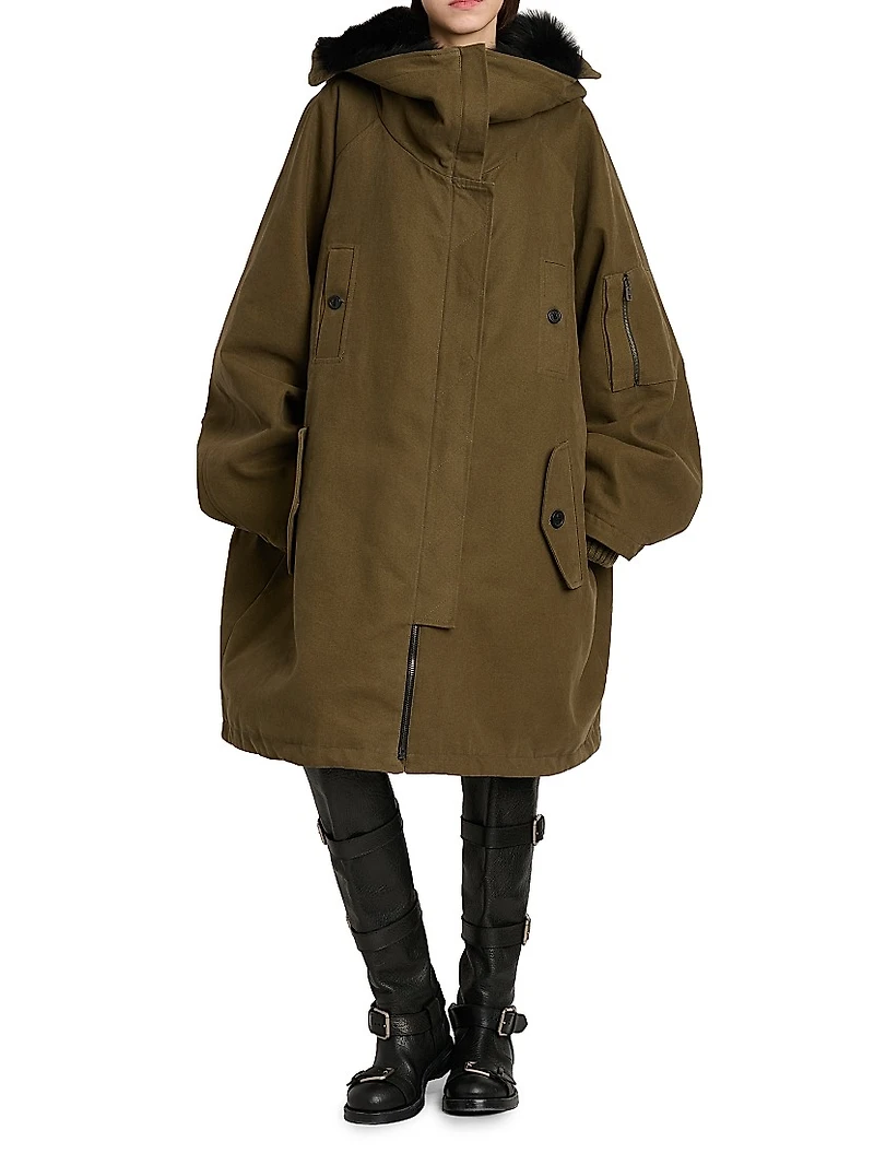 Shearling-Trim Cotton Hooded Coat