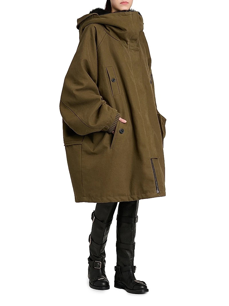 Shearling-Trim Cotton Hooded Coat