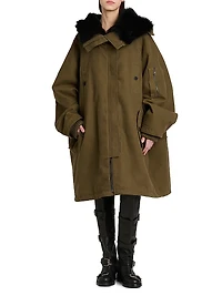 Shearling-Trim Cotton Hooded Coat