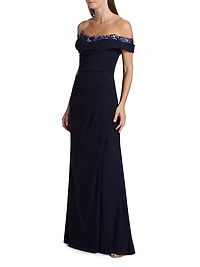 Off-The-Shoulder Crepe Gown