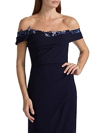 Off-The-Shoulder Crepe Gown