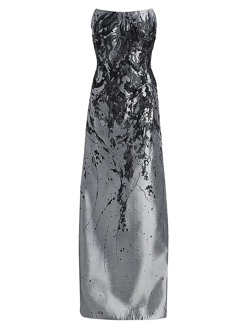 Gathered Brocade Strapless A-Line Gown