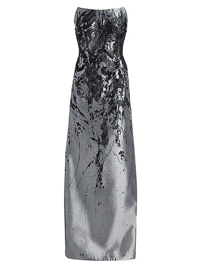 Gathered Brocade Strapless A-Line Gown