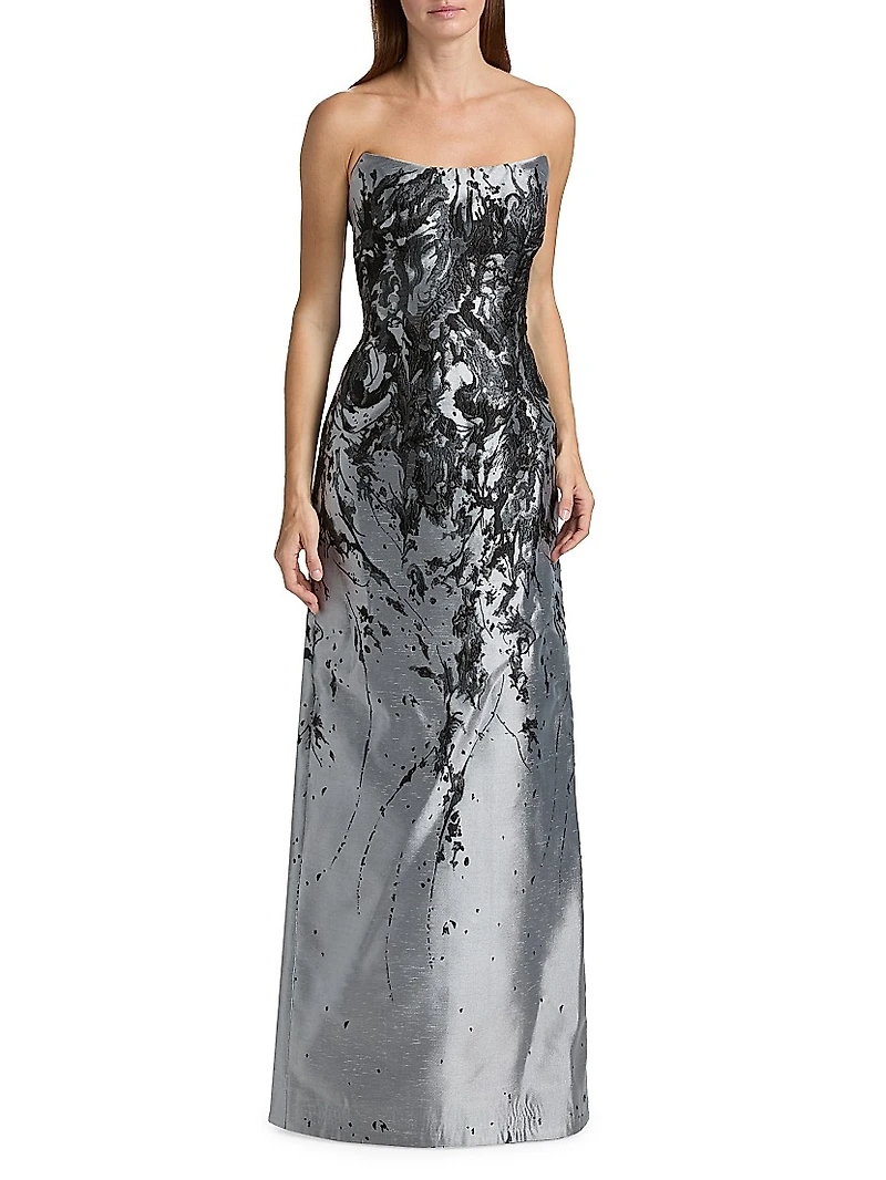 Gathered Brocade Strapless A-Line Gown