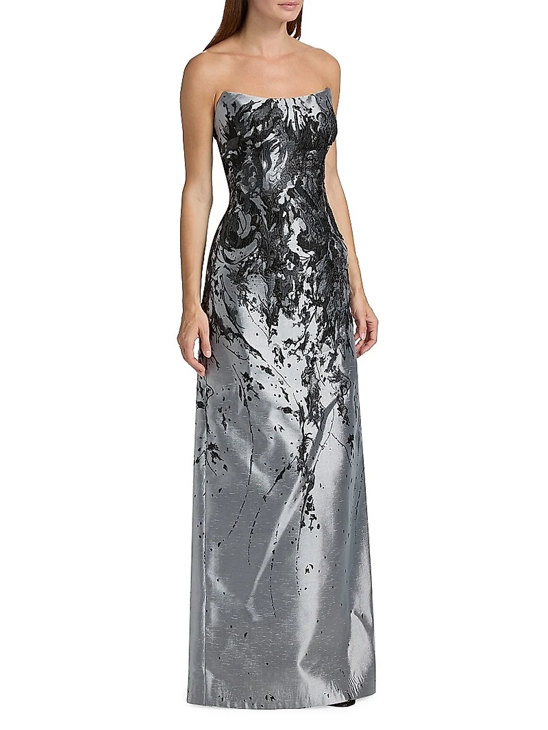 Gathered Brocade Strapless A-Line Gown