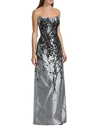 Gathered Brocade Strapless A-Line Gown