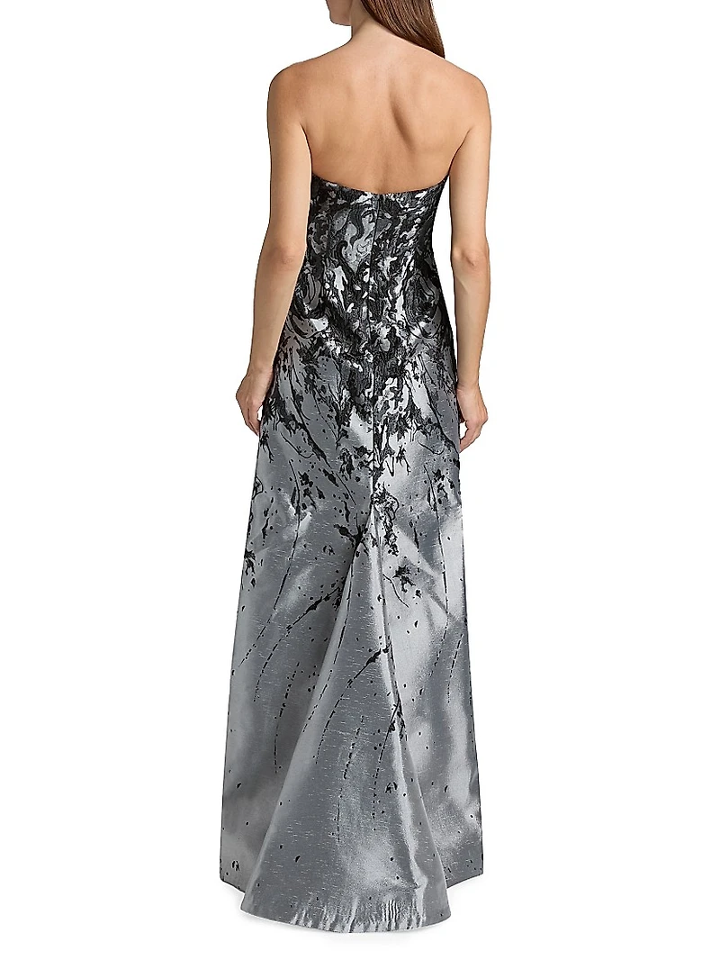 Gathered Brocade Strapless A-Line Gown