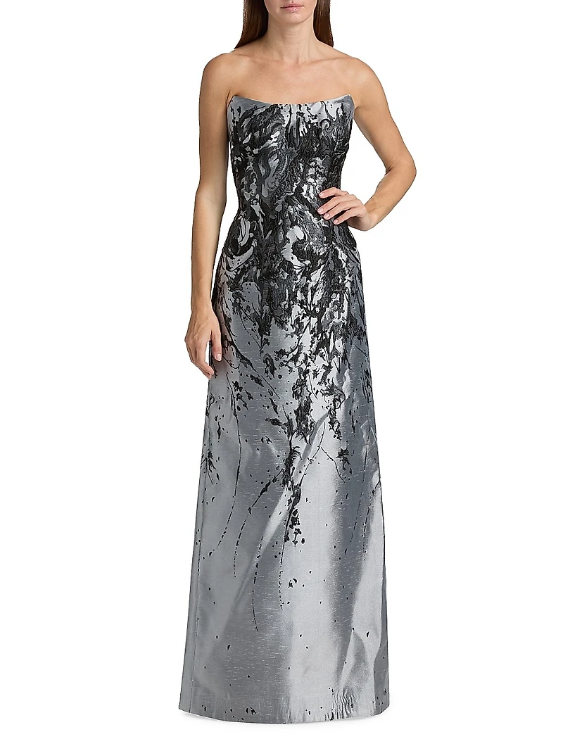Gathered Brocade Strapless A-Line Gown