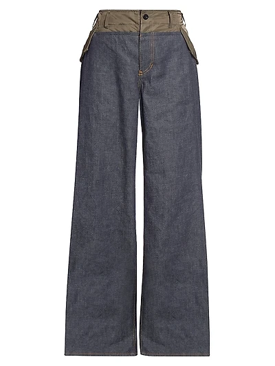 Denim Double-Waistband Wide-Leg Pants