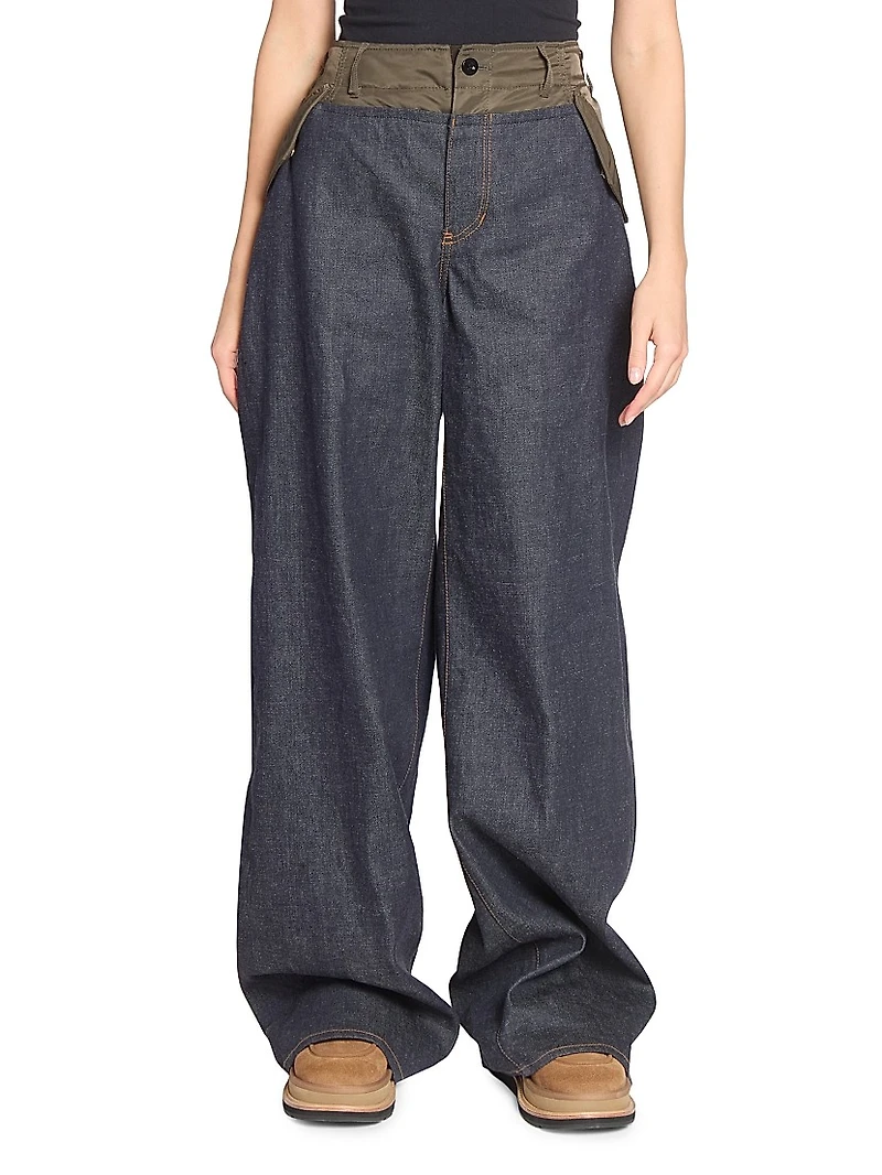 Denim Double-Waistband Wide-Leg Pants