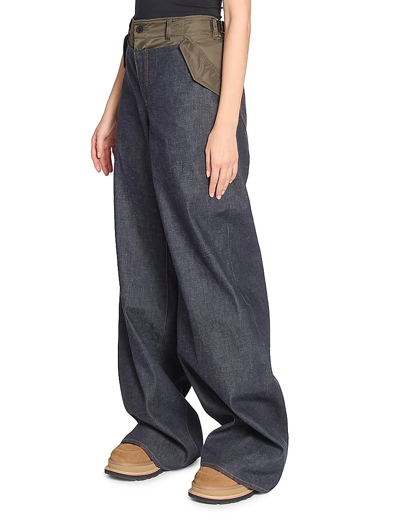 Denim Double-Waistband Wide-Leg Pants