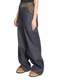 Denim Double-Waistband Wide-Leg Pants