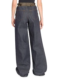 Denim Double-Waistband Wide-Leg Pants