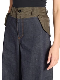 Denim Double-Waistband Wide-Leg Pants