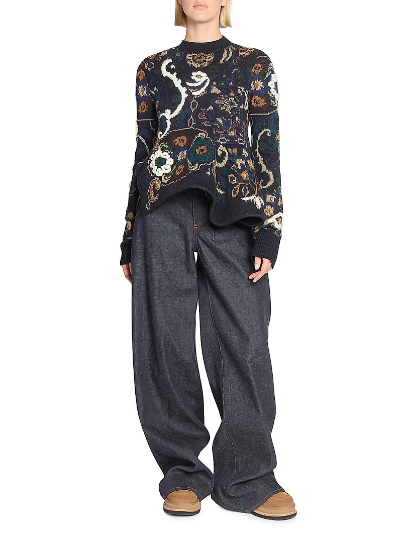 Denim Double-Waistband Wide-Leg Pants