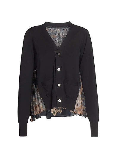 Pleated Floral Cotton-Blend Cardigan