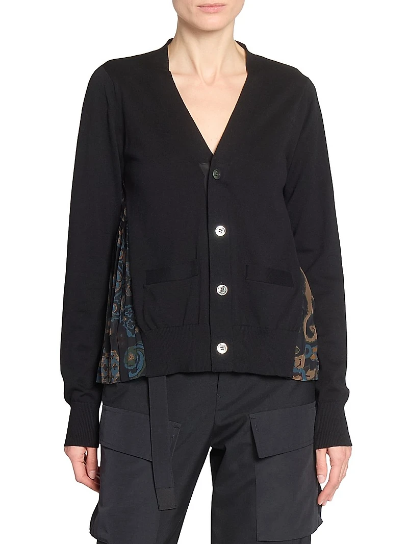 Pleated Floral Cotton-Blend Cardigan