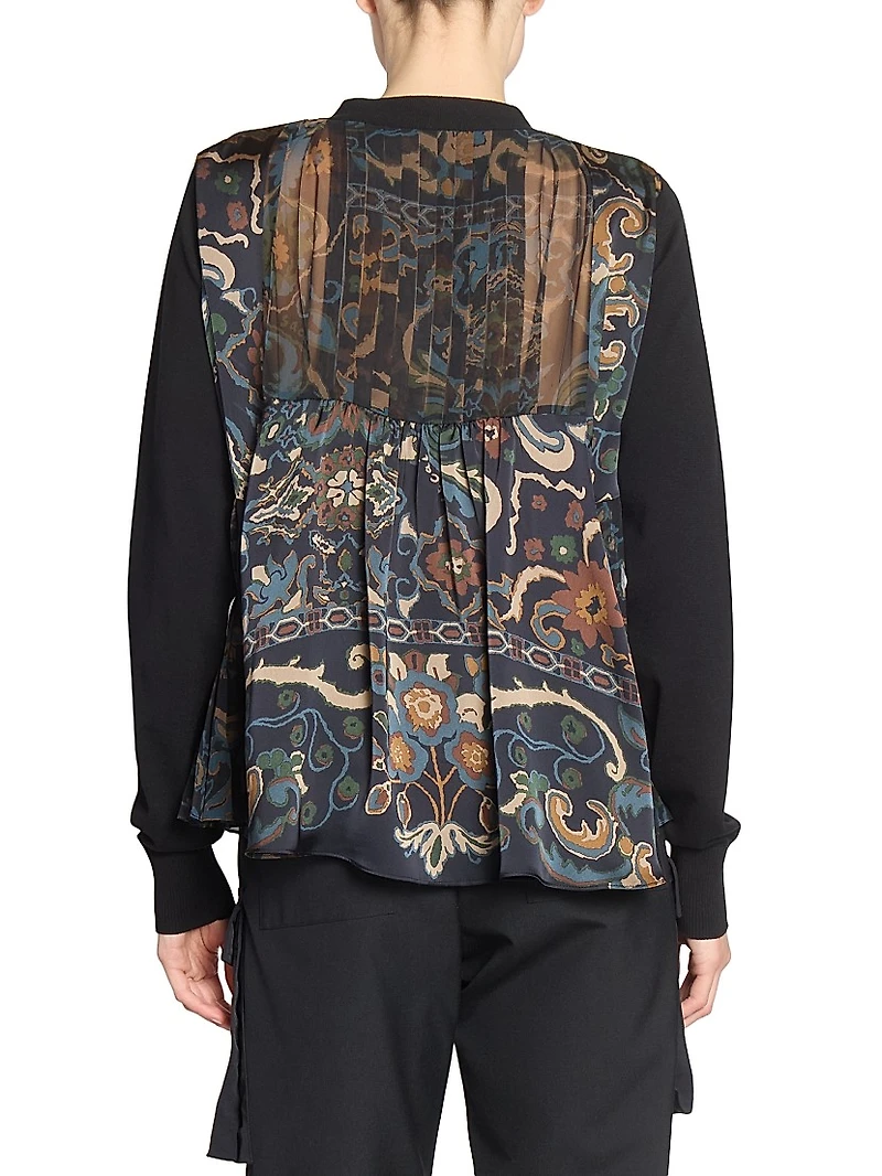 Pleated Floral Cotton-Blend Cardigan