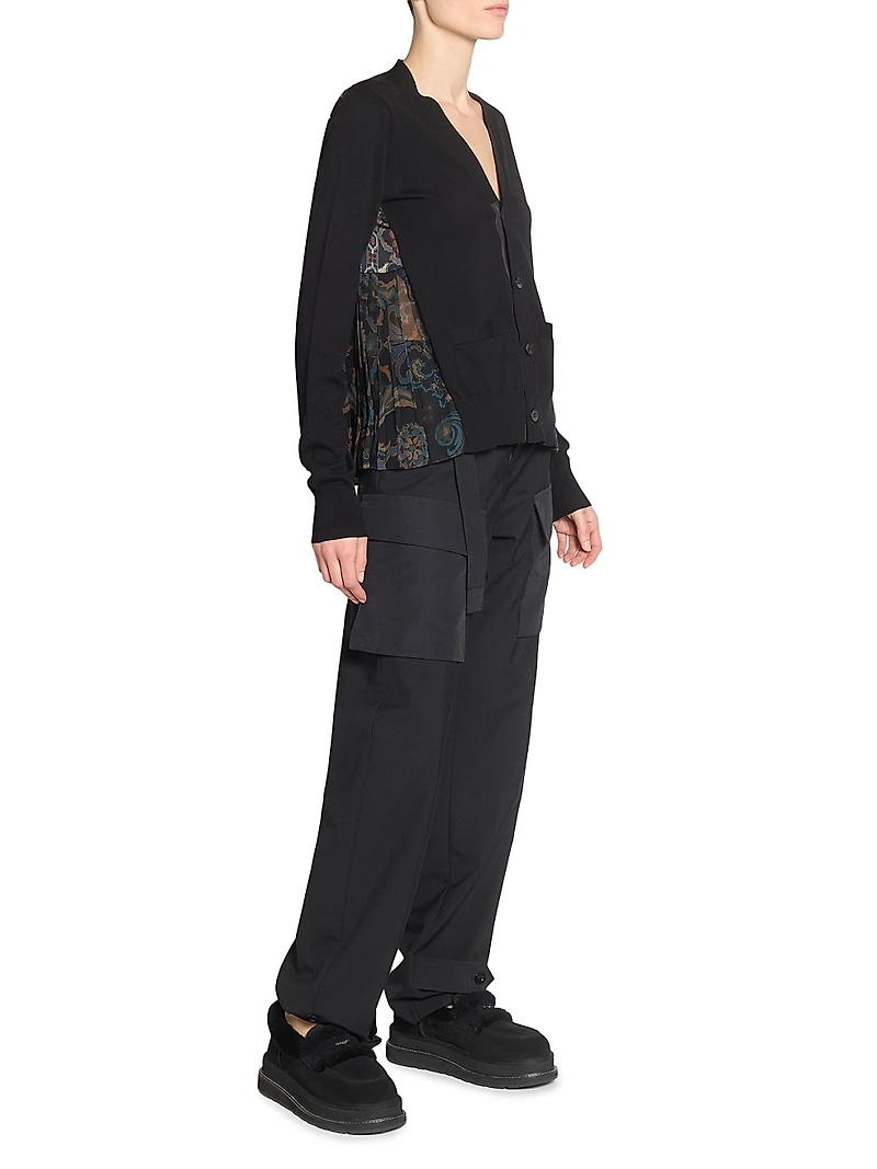 Pleated Floral Cotton-Blend Cardigan