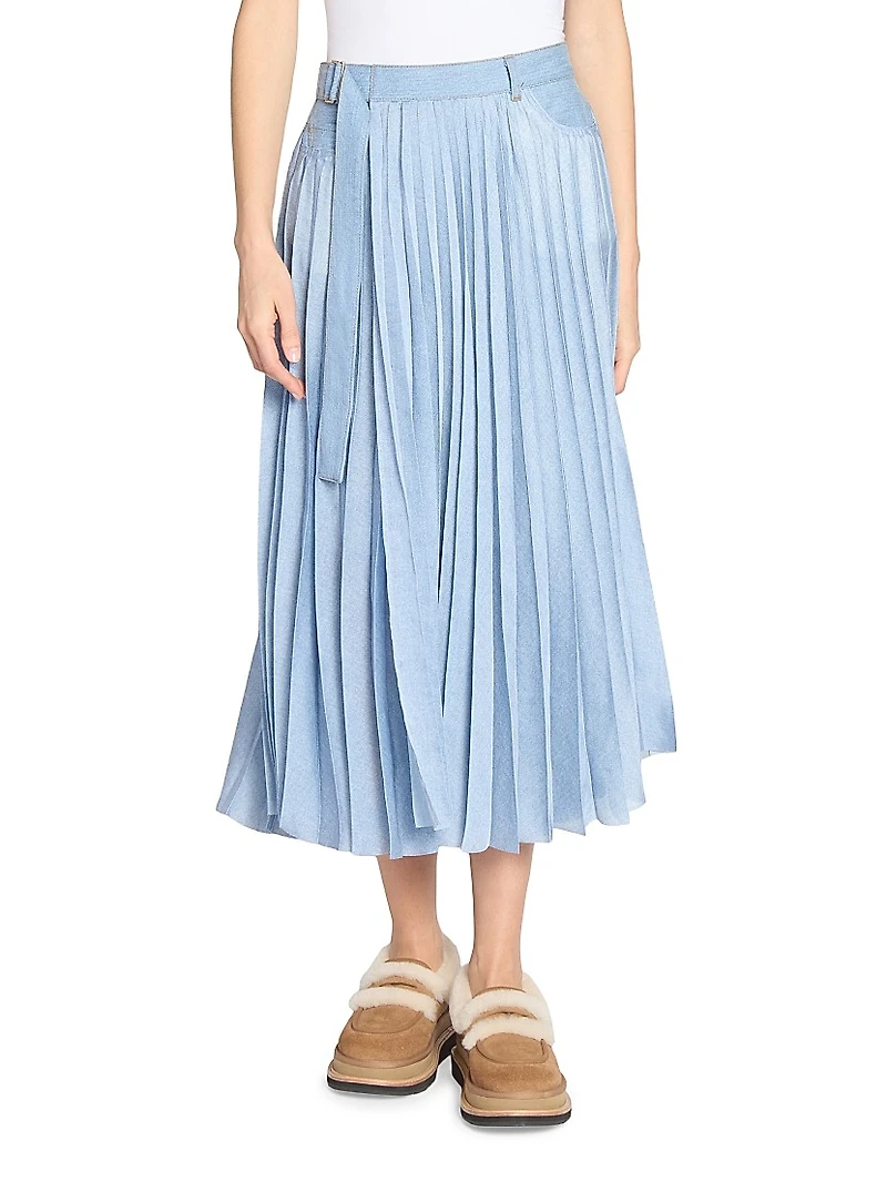 Pleated Denim Midi-Skirt
