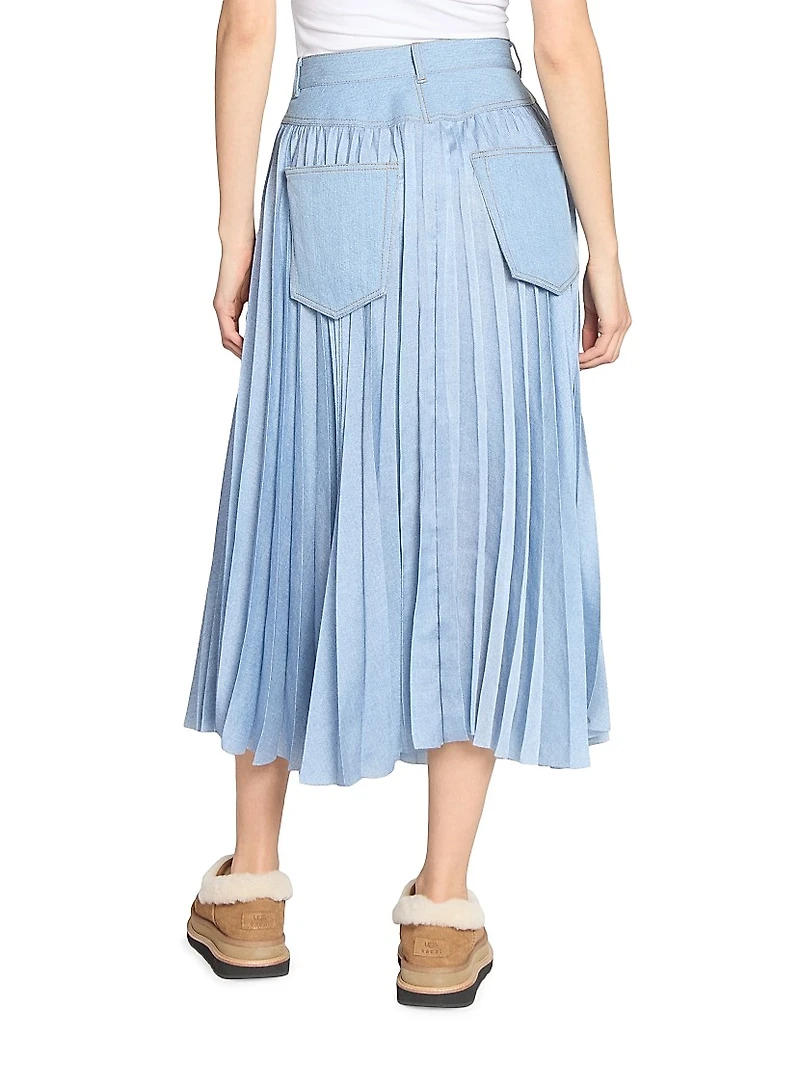 Pleated Denim Midi-Skirt