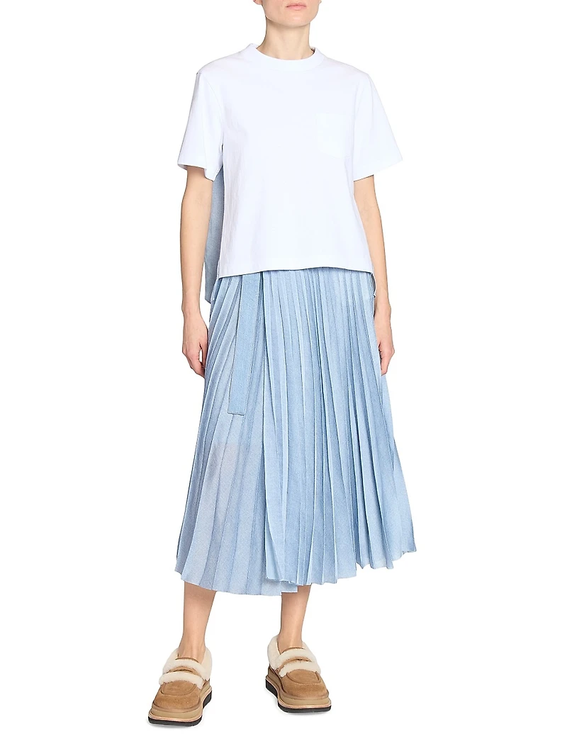Pleated Denim Midi-Skirt