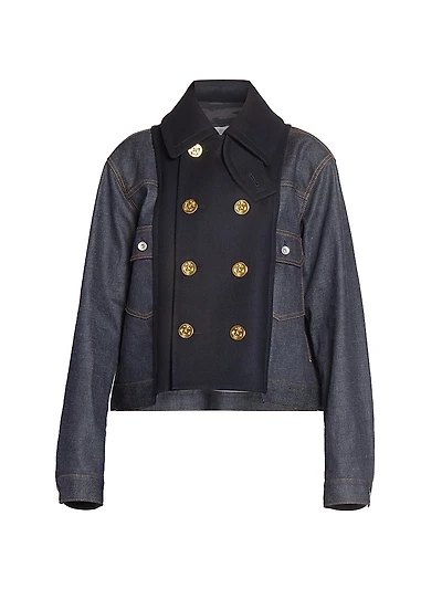 Mixed-Media Double-Breasted Denim Jacket