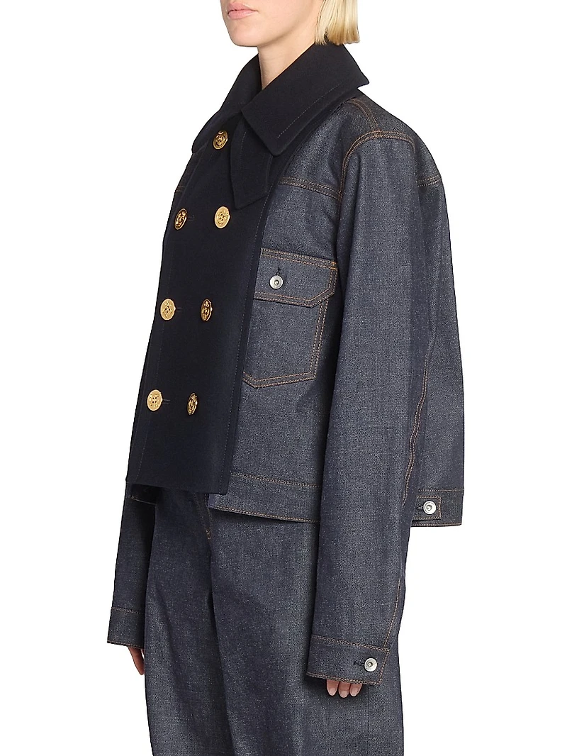 Mixed-Media Double-Breasted Denim Jacket