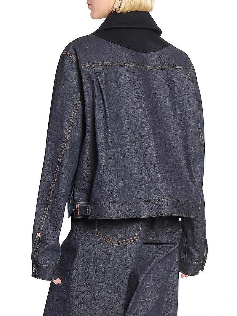 Mixed-Media Double-Breasted Denim Jacket