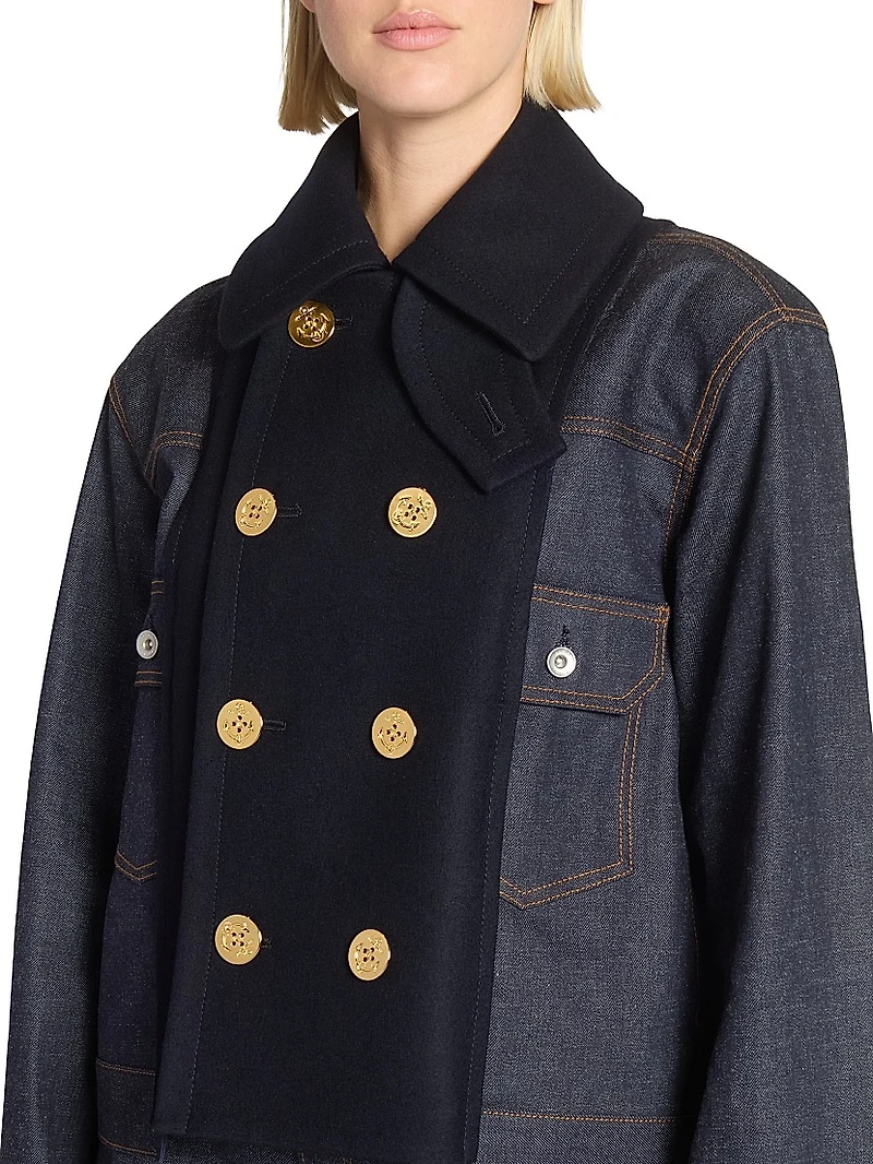 Mixed-Media Double-Breasted Denim Jacket