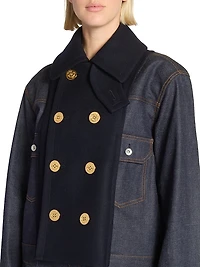 Mixed-Media Double-Breasted Denim Jacket