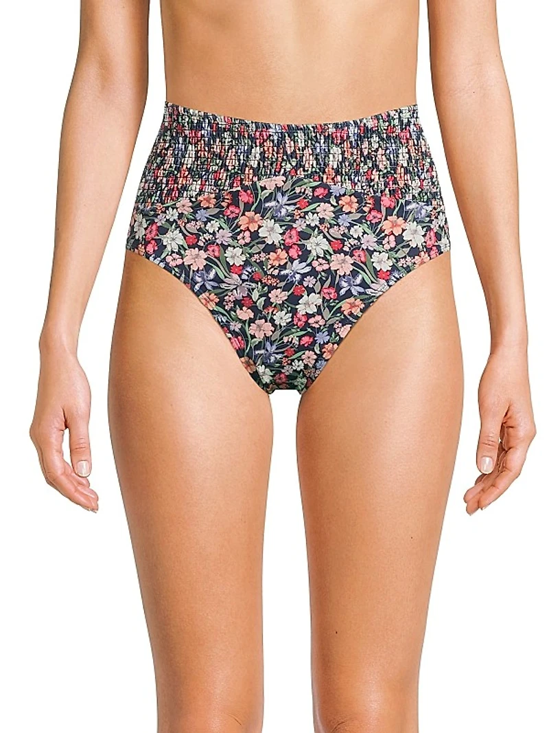 Marin Smocked High-Rise Bikini Bottom