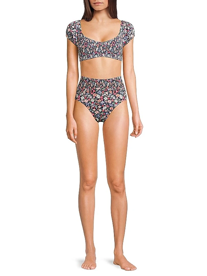 Marin Smocked High-Rise Bikini Bottom